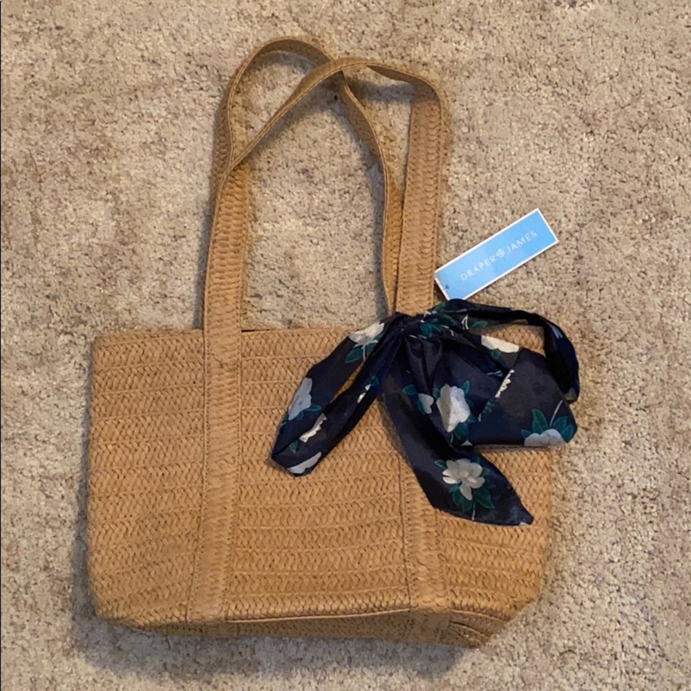 Draper James Tan Woven Tote with Navy Floral Scarf